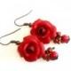 Red Rose Drop Earrings, Red Flower Drop Earrings, Jewelry Red Rose, Red Rose Wedding Earrings