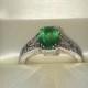 Vintage Bridal Ring, Genuine Diamond Solid Gold Ring with Natural Oval Emerald Stone set in Split Shank 14 k Solid Gold