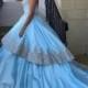 Exquisite Blue Wedding Dresses 2015 Satin Lace Arabic Applique Color A-Line Tiers Garden Court Train Strapless Bridal Dresses Ball Gowns Online with $129.95/Piece on Hjklp88's Store 