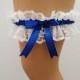Wedding Garter - Royal Blue Satin Ribbon and White Lace Keepsake Garter finished with a Double Heart Charm