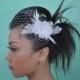 Bandeau 905 -- VEIL SET w/ RHINESTONE Feather Fascinator Hair Clip & Ivory or White 9" Birdcage Blusher Veil for wedding tiara accessory