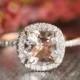 Halo Diamond Morganite Engagement Ring in 14k Rose Gold Pave Diamond Wedding Band 8x8mm Cushion Cut Gemstone Ring (Wedding Set Available)