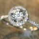 14k White Gold White Topaz Halo Diamond Engagement Ring 7mm Round White Topaz Gemstone Ring Set in Half Eternity Diamond Wedding Band