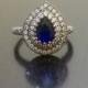 Art Deco Blue Sapphire Engagement Ring - Double Halo Sapphire Wedding Ring - Sapphire Art Deco Ring - Handmade Ring - Halo Sapphire Ring