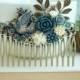 Blue Gold Dove Bird, Dusty Blue, Ivory, Pearl, Navy Grey Blue, Leaves, Rustic Flower LARGE Hair Comb. Bridesmaids Gift, Large Wedding Comb.