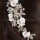 Wedding Hair Comb, Rhinestone Hair Comb, Bridal Pearl Hair Comb, Porcelain Flower Headpiece - Carolina