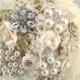 Brooch Bouquet, Wedding, Bridal, Jeweled, Champagne, Tan, Beige, Ivory, Pearls, Crystals, Lace, Elegant, Vintage Style, Gatsby