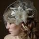 Bridal Veil With Flower, Ivory Full Side Blusher Birdcage Veil, Detachable Ivory Feather Flower with Fresh Water Pearls Center Fascinator