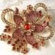 Red Brooch or Hair Comb, Large Garnet Ruby & Amber Rhinestone Gold Bridal Sash Pin / Hair Accessory Chinese, India Wedding Flower Hairpiece