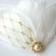 White Feather Fascinator Ostrich Feathers Gold Veil Netting Bridal Clip "Petit Doree"
