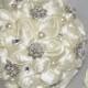 Made to Order Satin Ribbon Roses Bridal Brooch Bouquet with FREE Boutonniere, Pearl Wedding Flowers,Bridesmaid's bouquet, No deposit,