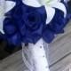 Sale -  Royal Blue Rose White Lily Wedding Bouquet with Boutonniere, Royal Blue Bouquet, Lily Bouquet, Royal Blue White Bouquet, Royal Blue 
