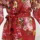 Red Spain Floral Patterned Robe Kimono Style getting ready robe wedding favors, bridal shower gift spa wear or dressing gown for wedding day