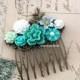 Teal Wedding Hair Comb Turquoise Bridal Hair Piece Aqua Blue Mint White Floral Leaf Flower Comb Bridesmaid Gift Maid of Honor Woodland WR