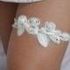 Wedding Garter White Bridal Garter With Flowers Pearls and Sequins Garter Set - Handmade