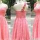 One Shoulder Pink Bridesmaid Dress Handmade Pleat Chiffon Min Pink Wedding Party Gowns Short Pink Prom Dresses