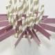 Gold & White Stripe Paper Straws with Pink Glitter Flags - 25 count - 1st Birthday