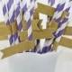 Purple & White Stripe Paper Straws with Gold Glitter Flags - 24 count - LSU