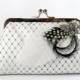 Bridal Clutch with Black and White Rhinestone Feather Brooch 8-inch