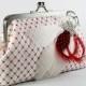 Bridal Clutch with Red and White Feathery Brooch 8-inch PASSION