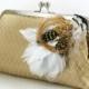 Gold Bridesmaids or Bridal Clutch with Rhinestone Feather Brooch 8-inch PASSION