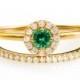Emerald, diamond halo ring and a dainty half eternity pave diamond ring in 14k / 18k solid gold