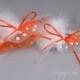 Wedding Garter Set in Orange and White Polka Dot with Pearls and Marabou Feathers