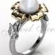 14k two tone white and yellow gold white pearl diamond unusual unique floral engagement ring, bridal ring, wedding ring ER-1045-4