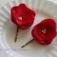 Red Bridal Flower Hair Clip Duo, Red Wedding Hair Accessory
