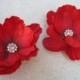 Red Flower Hair pins with rhinstone crystal centers for girls or women, red poppy flower clips