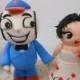 Custom wedding cake topper--Love MASCOT couple with circle clear base--NEW