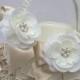 3 Piece Flower Girl Basket Set-Bridal Basket in Pale Champagne And Ivory With Flower Headband And Flower Hair Clip, Pearls, Crystals