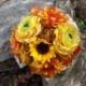 Fall bridal bouquet with sunflowers and trimmed with burlap