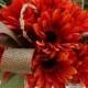 Bridesmaid bouquet in fall gerber daisy and trimmed in  burlap