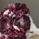 Fabric flower brooch bouquet . Burgundy wine merlot and carmel . Lace rhinestone and pearl . Any color