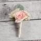 Blush Pink and Ivory Rose Wedding Boutonniere with Lamb's Ear