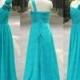 Green Long Bridesmaid Dress One Shoulder Handmade Light Green Chiffon Prom Dress Lace Up Back Wedding Party Dress