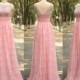 Cap Sleeve Pink Long Bridesmaid Dress Handmade Pink Beading Crystal Chiffon Wedding Party Dress Long Pink Prom Dress