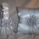 White Satin With Silver Metallic Ribbon Trim Flower Girl Basket And Ring Bearer Pillow Set 1
