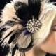 Rhinestone Pearl Bridal Feather Fascinator, Bridal Headpiece, The Great Gatsby, Ivory, Champagne and Black Peacock, Bridal Fascinator