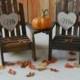 Fall-wedding-cake topper-country-pumpkin-autumn-leaves-wood-chairs-Adirondack-bride and groom-groom's cake-fall wedding decor-fall leaves