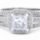 Ring, Three Row Pave Diamond Engagement Ring, Princess Diamond Engagement Ring, Three Row Engagement Ring, Milligrain Ring 