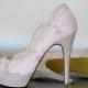 Lace Wedding Shoes -- Paradise Pink Platform Wedding Shoes with Silver Lace Overlay and Silver Rhinestone Covered Heels and Platform