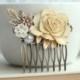 Wedding Comb Antiqued Ivory Gold Rose Comb Brass Leaf White Pearl Brown Mum Flower Hair Comb Rustic Nature Vintage Ivory Gold Bridal Wedding
