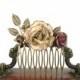 Vintage Style Floral Hair Comb - Antique Brass Bronze Flower Hair Accessories -  Plum Ivory Leaves Vintage Wedding Flower Hair Comb