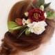 wedding hair piece, burgundy red hair accessory, bridal hairpiece, red hair clip, bridal hair comb, rustic wedding, dark red flower