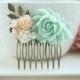 Mint, Peach and Ivory Flowers, Pearl Antiqued Brass Hair Comb. Mint and Peach Wedding Bridesmaid Gifts, Wedding Bridal, Mint Wedding