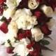 Wedding Bouquets Bridal Silk Flowers 21pc Burgundy Cream Ivory Roses Lilies Cascade Boutonnieres Bridesmaids Corsages