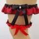 Wedding Garter Set - Black Satin Ribbon with Red Lace and Ribbon Overlay with Swarovski Crystal Charm