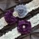 ON SALE Plum Wedding Garter, Bridal Garter Set - Ivory Lace Garter, Keepsake Garter, Toss Garter, Shabby Chiffon Rosette Plum & Gray Wedding
